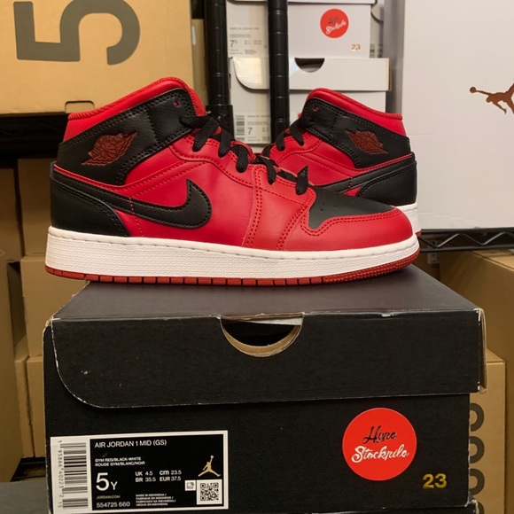 Nike Air Jordan 1 Mid Reverse Bred Black Red Shoes GS Men 554725-660 554724-660 - Picture 3 of 12